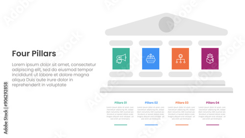 Four pillars framework with ancient classic construction infographic with 4 point stage template with big pillars on right column side for slide presentation