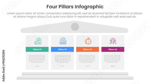 Four pillars framework with ancient classic construction infographic with 4 point stage template with big block pillars for slide presentation