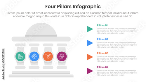 Four pillars framework with ancient classic construction infographic with 4 point stage template with round building and circle pillar badge for slide presentation