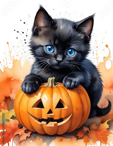 Black Kitten in a Carved Pumpkin with Autumn Leaves