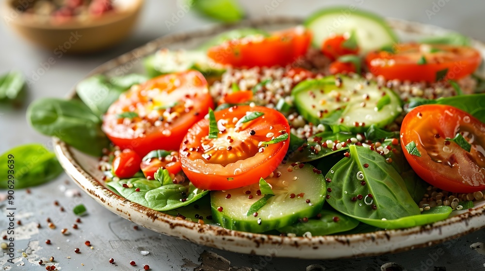 Fresh baby spinach quinoa tomato cucumber salad on plate with white copy space Vegan food balanced with plant protein and fresh vegetables : Generative AI Fresh baby spinach quinoa tomato cucumber salad on plate with white copy space Vegan food balanced with plant protein and fresh vegetables : Generative AI