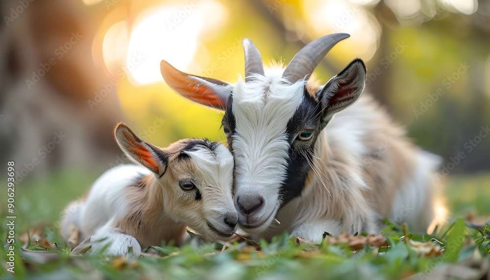 Goats resting on green grass, Cute baby goats relaxing in a sunny meadow