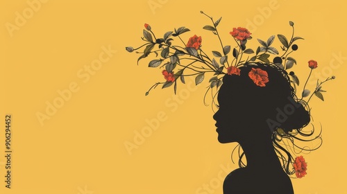 Chinese minimalism illustration, silhouette portrait of a woman with medium-length wavy hair styled with a floral crown, flat illustration Chinese figure illustration on soft mustard yellow background