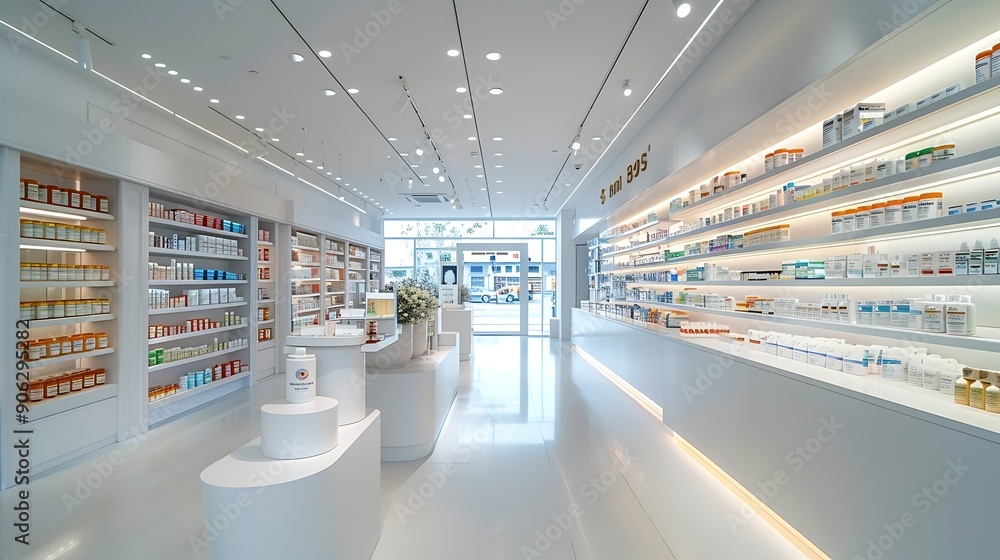 Spacious modern new white drugstore pharmacy chemists store with shelves full of medicines pills vitamins painkillers antibiotics without visitors : Generative AI Spacious modern new white drugstore pharmacy chemists store with shelves full of medicines pills vitamins painkillers antibiotics without visitors : Generative AI