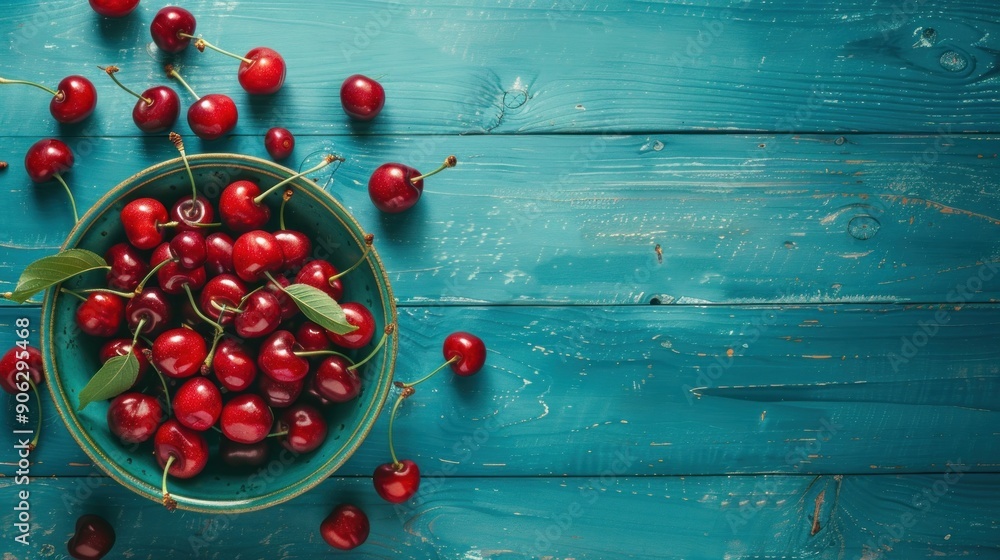 Fresh Cherries on a Rustic Blue Wooden Background Fresh Cherries on a Rustic Blue Wooden Background