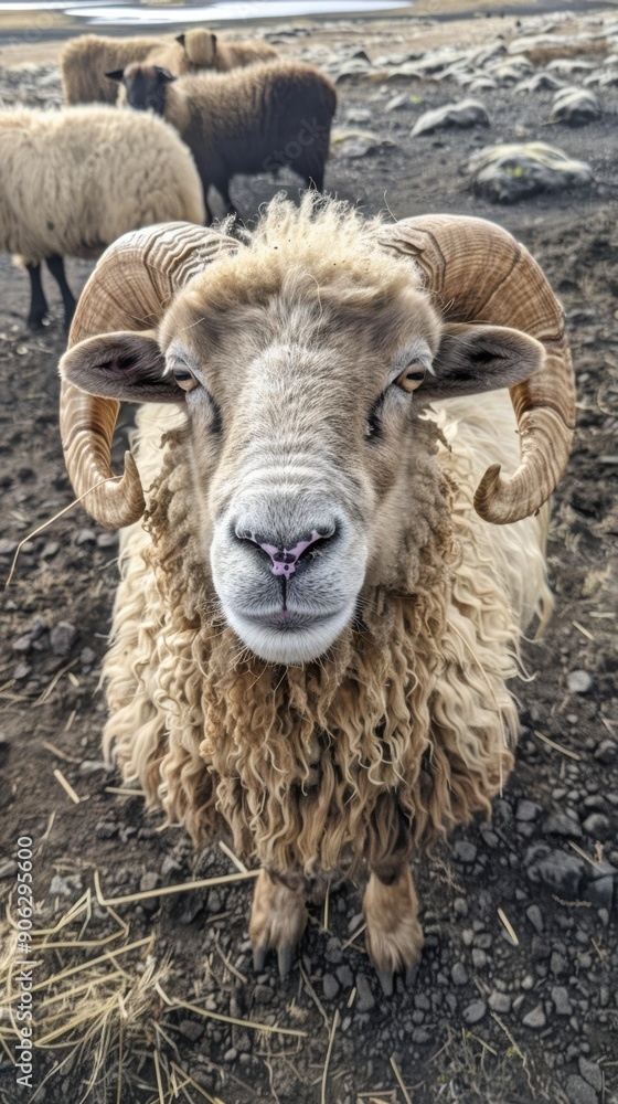A fluffy sheep with large horns stands inquisitively among rocks and other sheep in a rural setting A fluffy sheep with large horns stands inquisitively among rocks and other sheep in a rural setting
