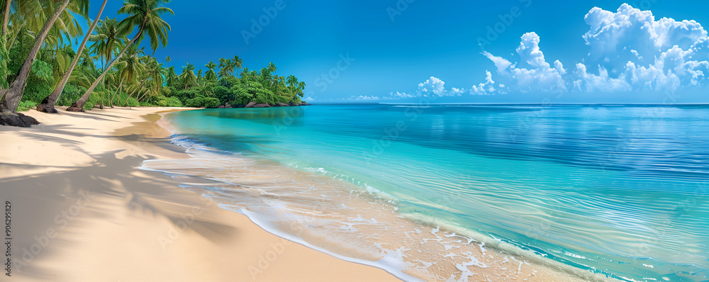 Fototapeta premium A beautiful beach with palm trees and a clear blue ocean. The beach is empty and the water is calm