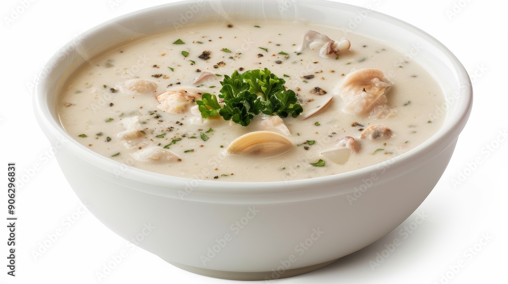 A steaming bowl of clam chowder, rich and creamy, isolated on a white background, perfect for food advertisements with ample copy text space A steaming bowl of clam chowder, rich and creamy, isolated on a white background, perfect for food advertisements with ample copy text space