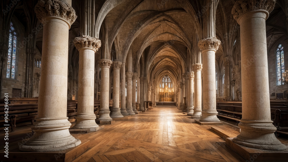 Inside of an ancient gothic cathedral with wooden floor and carved stone columns Inside of an ancient gothic cathedral with wooden floor and carved stone columns