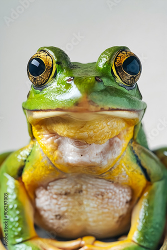 A green frog sitting on top of a tree branch photo