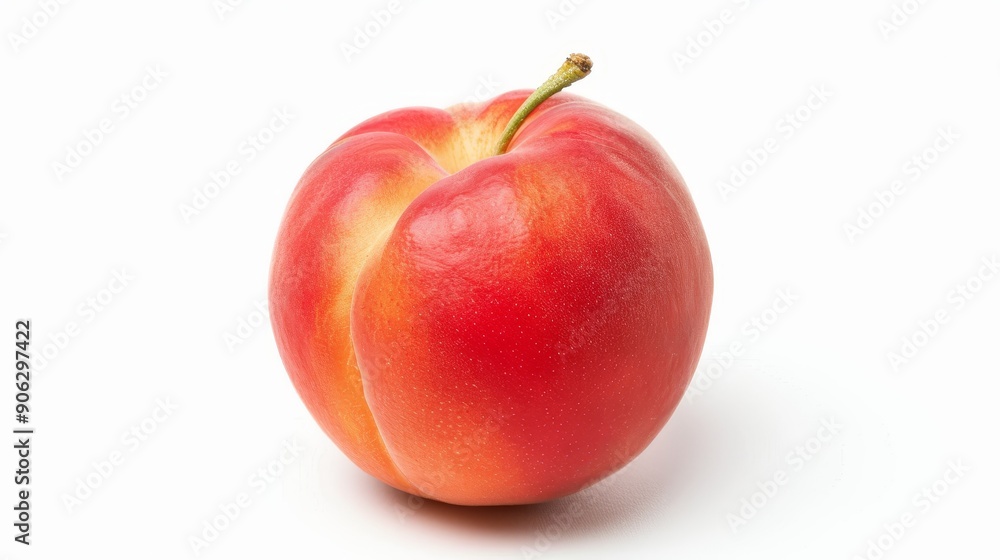 A vibrant peach with a stem, showcasing its rich colors and smooth texture, isolated on a white background, perfect for advertisements with ample copy text space