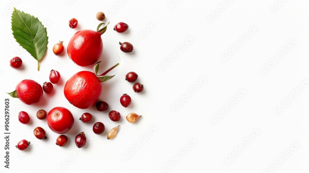 A vibrant rosehip with seeds exposed, isolated on a white background, perfect for product advertisements with ample copy text space A vibrant rosehip with seeds exposed, isolated on a white background, perfect for product advertisements with ample copy text space