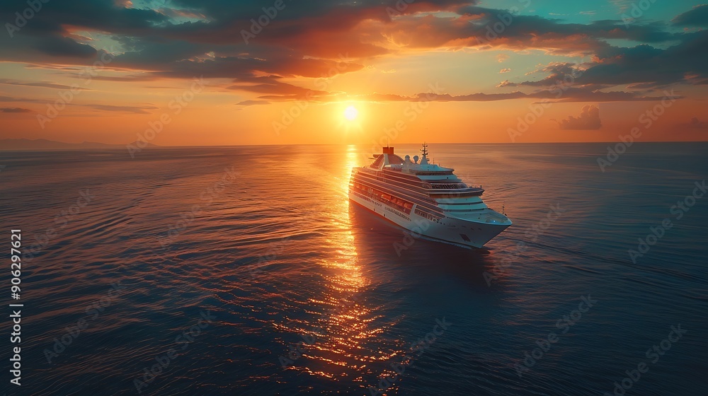 Naklejka premium Big cruise ship in the sea at sunset Beautiful seascape Luxury Cruise Ship Ocean Liner Concept for vacation and travel with a generic cruise ship : Generative AI