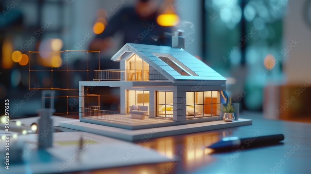 Innovative Architectural Model Displayed in Modern Workspace During Evening Hours Innovative Architectural Model Displayed in Modern Workspace During Evening Hours