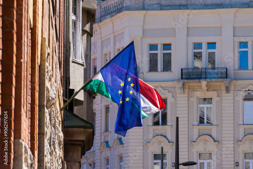 flags of the european union and hungary