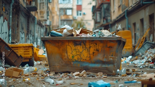 A waste container overflowed A steel industrial with rubbish on the street Various types of waste including empty carton boxes plastic and construction debris New waste management con : Generative AI