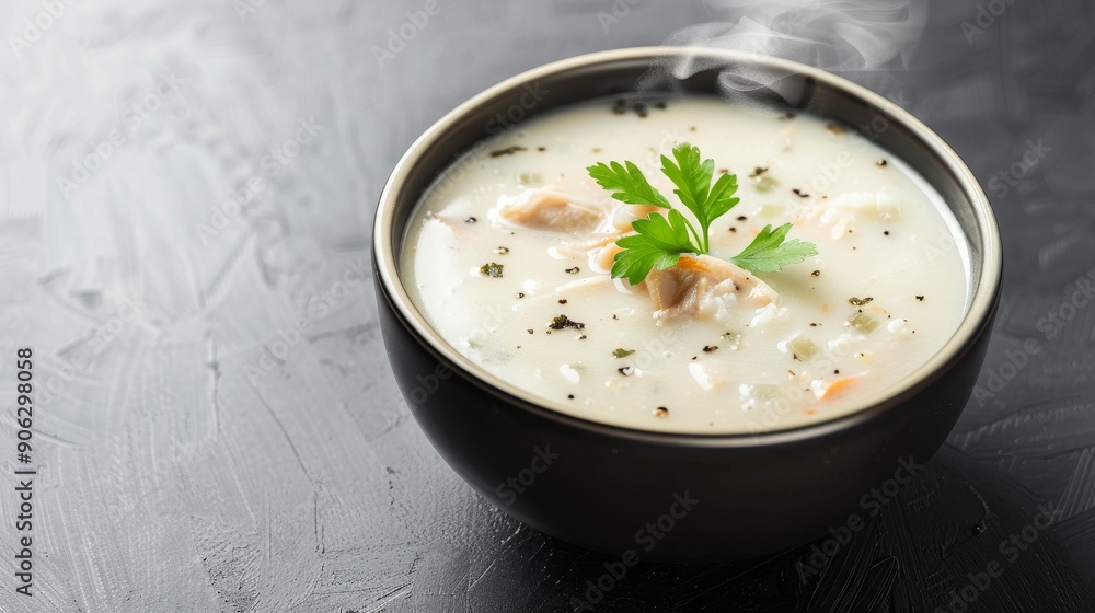 Bowl of hot clam chowder, showcasing its creamy consistency and steam, isolated background, perfect for marketing use with space for text Bowl of hot clam chowder, showcasing its creamy consistency and steam, isolated background, perfect for marketing use with space for text