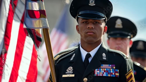 U.S. military honor guard standing solemnly with the American flag during a ceremonial event