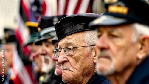 Proud elderly veterans in uniform honoring their service with the American flag in the background