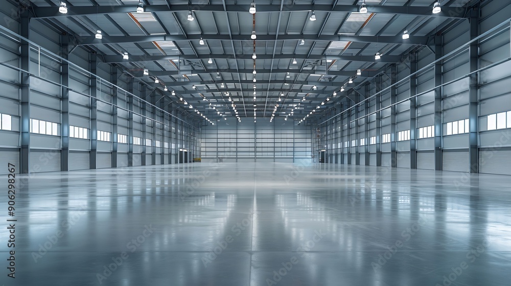 Fototapeta premium Modern interior of huge empty warehouse New distribution storehouse Metal construction Industrial architecture : Generative AI