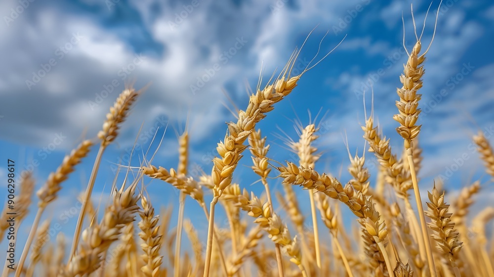 Golden wheat field under sunny blue sky, Rural scenery with shining sun above wheat field, Bright summer sun over ripe wheat crop. Golden wheat field under sunny blue sky, Rural scenery with shining sun above wheat field, Bright summer sun over ripe wheat crop.