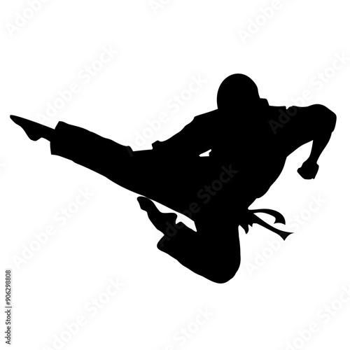 Silhouette of a taekwondo athlete performing the Twieo Ap Chagi kick or flying kick on a transparent background
