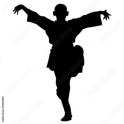 Silhouette of kung fu martial artist standing on one leg on transparent background. Perfect for logos, icons and tattoos