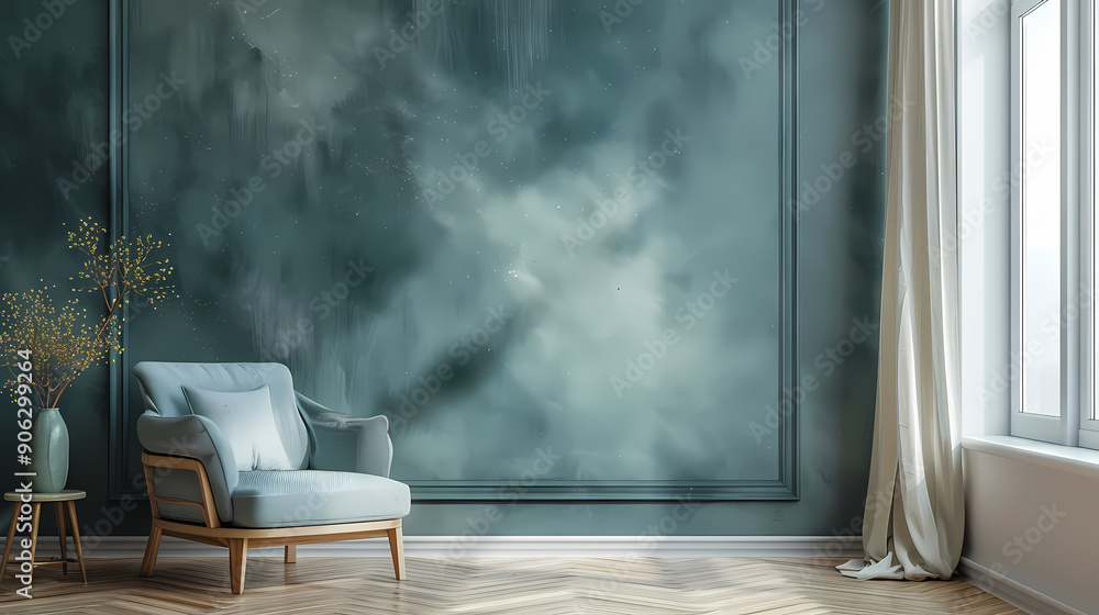 Fototapeta premium A blue armchair sits in a room with a teal wall and white curtains, creating a peaceful and calming atmosphere. The soft lighting and subtle textures add to the inviting ambiance.