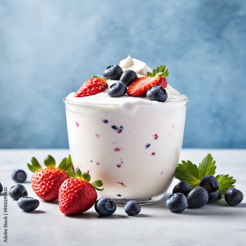 high-protein Greek yogurt with a cup of fresh Strawberries and blueberries high-protein Greek yogurt with a cup of fresh Strawberries and blueberries