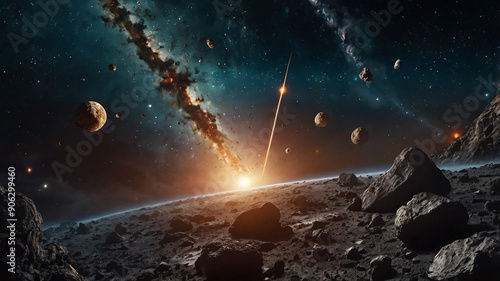cinematographic take of celestial space and asteroids flying