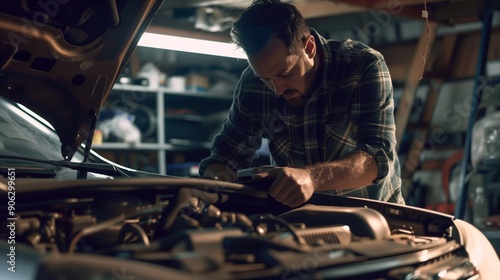 Man Working Diligently in His Garage on a Car Engine After Sunset