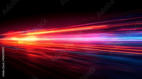 Long exposure light trails on road at night, Colorful light lines with motion effects high speed light, Colorful light trails on road.