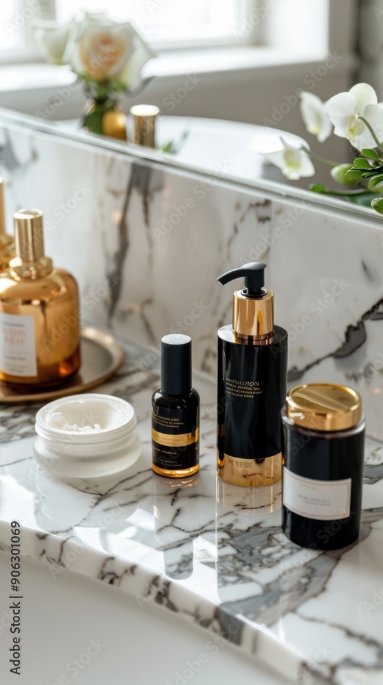 A collection of skincare products elegantly displayed on a marble countertop with soft natural light illuminating the scene A collection of skincare products elegantly displayed on a marble countertop with soft natural light illuminating the scene