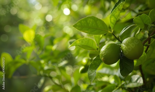 Close-Up of limes tree in the garden are excellent source of vitamin on blur background