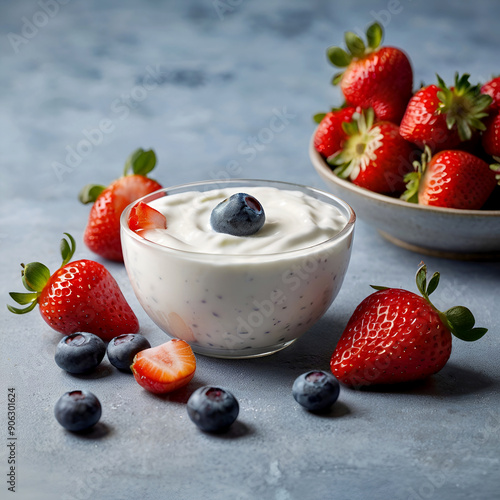 high-protein Greek yogurt with a cup of fresh Strawberries and blueberries photo