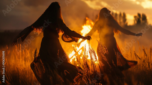 Women dancing around a bonfire at night during Samhain.