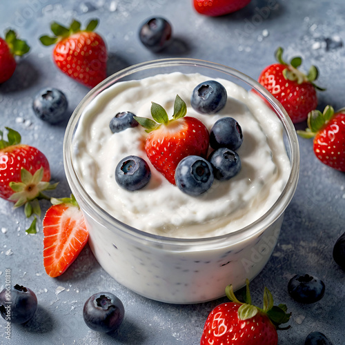 high-protein Greek yogurt with a cup of fresh Strawberries and blueberries photo