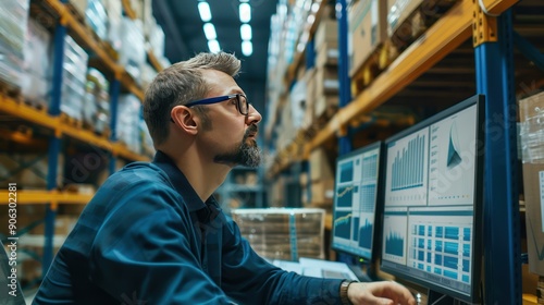 A supply chain manager analyzing stock levels on a computer screen. photo