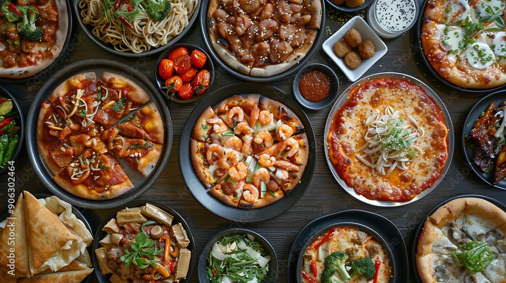 Many dishes Junk food assortiment pizza wok top view : Generative AI Many dishes Junk food assortiment pizza wok top view : Generative AI