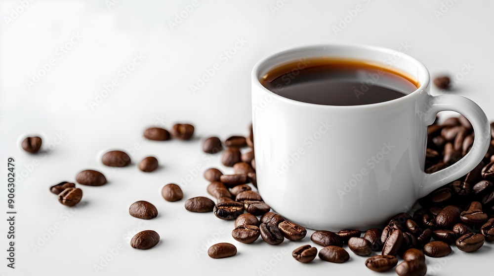 Classic White Mug with Scattered Coffee Beans on Minimalist Background Classic White Mug with Scattered Coffee Beans on Minimalist Background