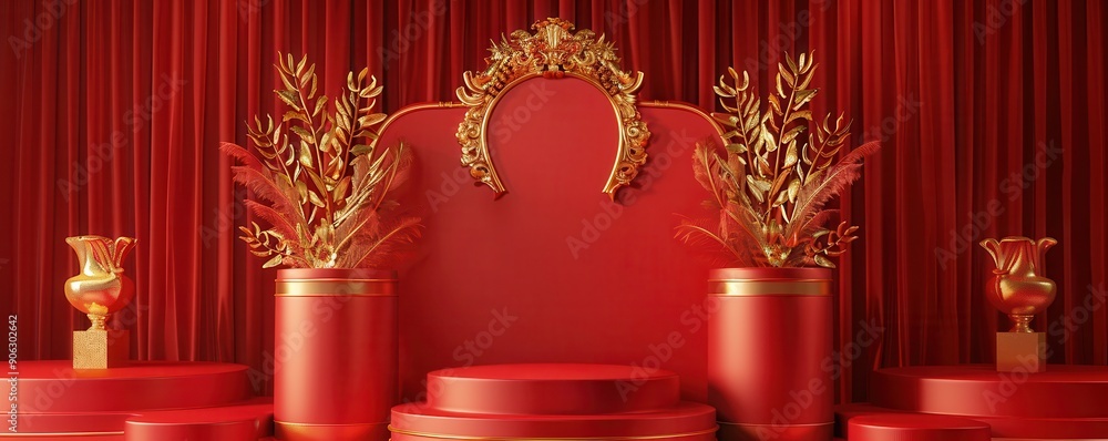 Golden laurel wreaths on red podiums. Elegant awards. Golden laurel wreaths on red podiums. Elegant awards.