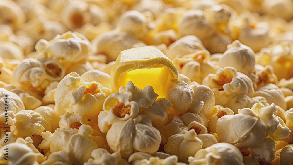 Closeup of freshly popped popcorn with butter melting on top, popcorn, snack, food, movie theater, cinema, close up Closeup of freshly popped popcorn with butter melting on top, popcorn, snack, food, movie theater, cinema, close up
