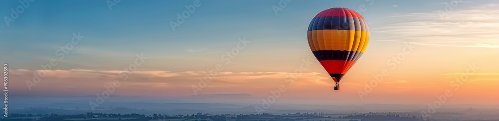 Hot Air Balloon Over Scenic Landscape at Sunrise