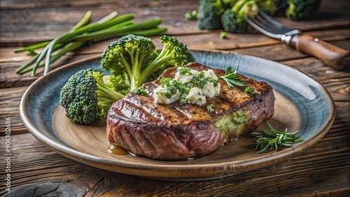 Juicy steak topped with blue cheese and broccolini served on a rustic plate in a gourmet restaurant setting, steak, blue cheese photo