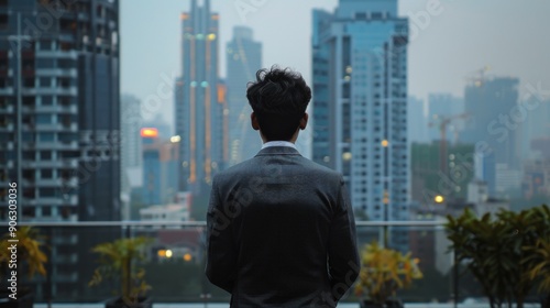 Man in Front of City Skyline