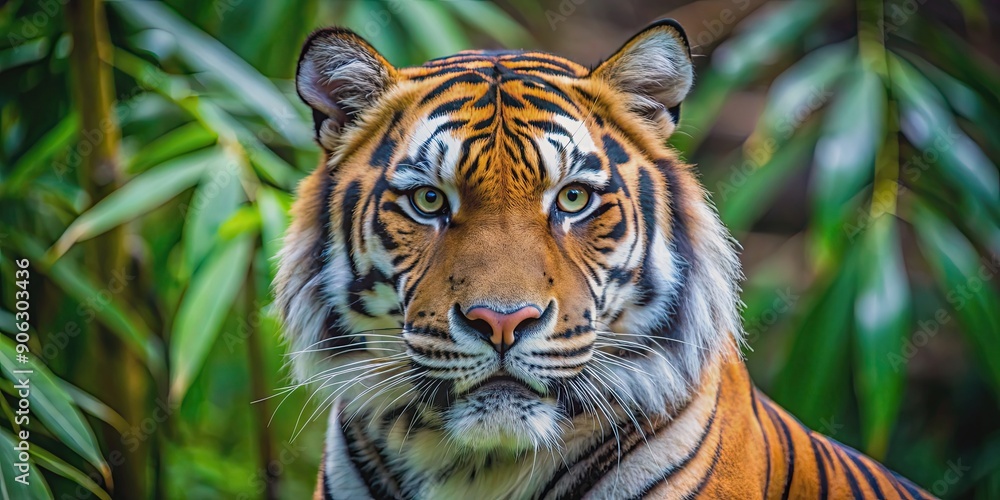 Close up of a beautiful tiger's head with striking stripes, expressing danger and aggression in the wild jungle, nature, jungle