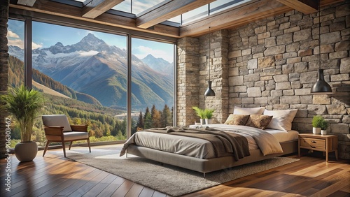 rendering of a cozy loft bedroom with a rustic stone wall and a breathtaking view of the mountains , loft, bedroom