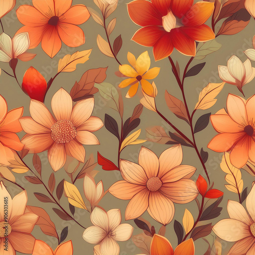 seamless pattern, black background, 2d, cute, flat, illustration, watercolor floral, orange
