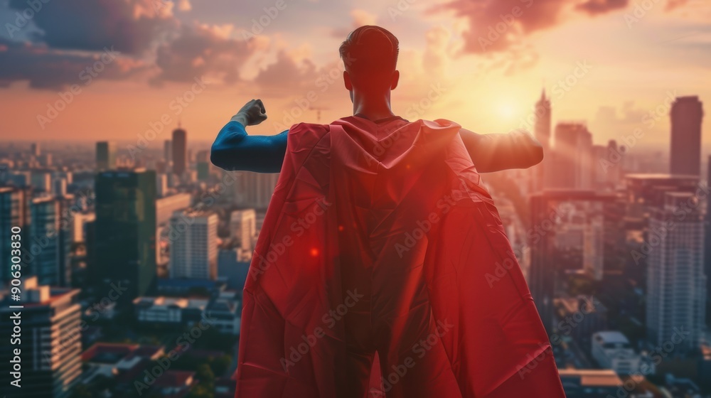 A hero stands confidently on a rooftop as the sun sets over the city, symbolizing hope and resilience A hero stands confidently on a rooftop as the sun sets over the city, symbolizing hope and resilience