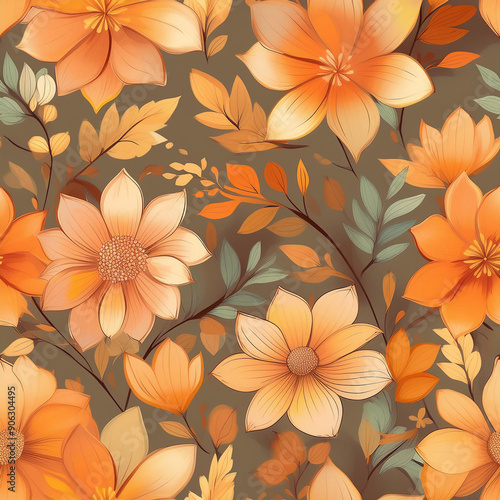 seamless pattern, black background, 2d, cute, flat, illustration, watercolor floral, orange